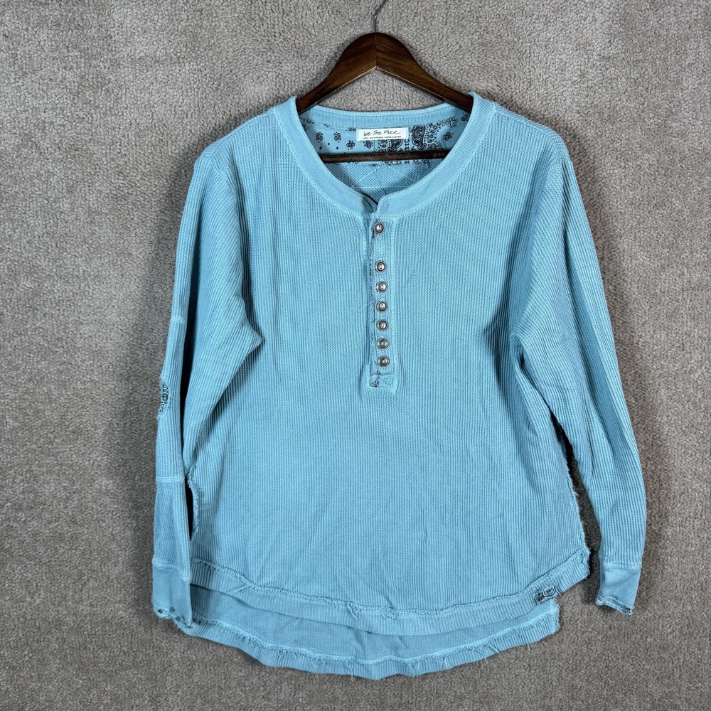 We The Free Shirt Womens Small Blue Thermal Waffle Henley Tunic Top Long Sleeve